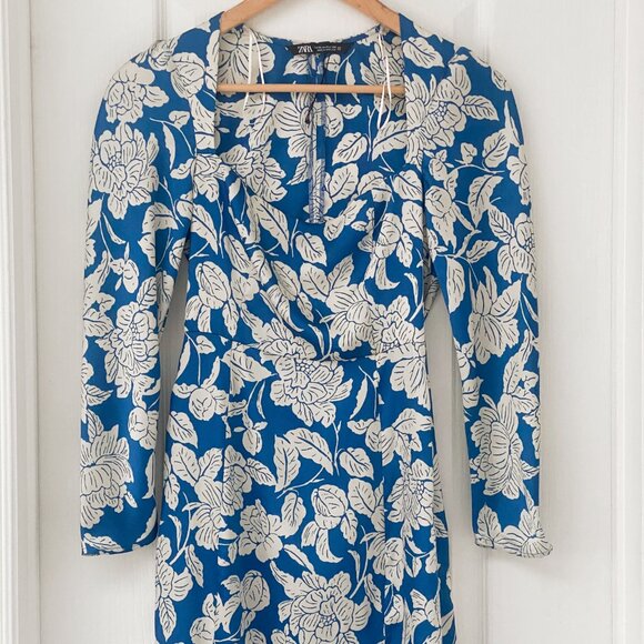 Zara - Blue & White Floral Midi Dress with Slit - Picture 6 of 11